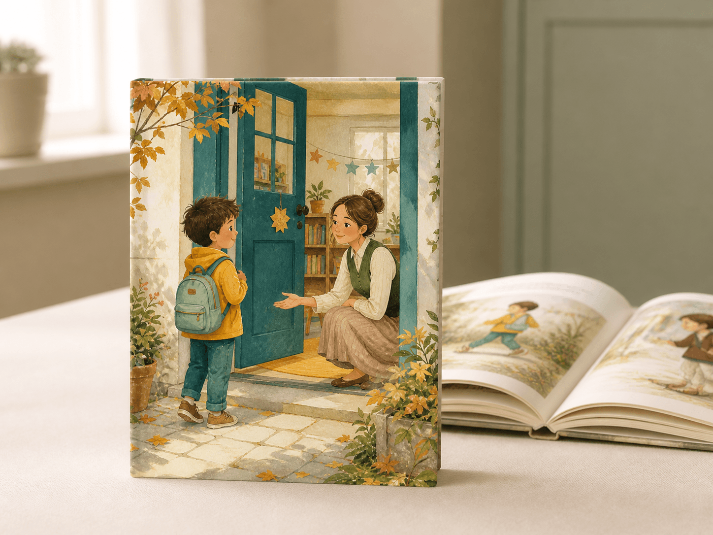 A personalized moments hardcover standing beside an open illustrated copy